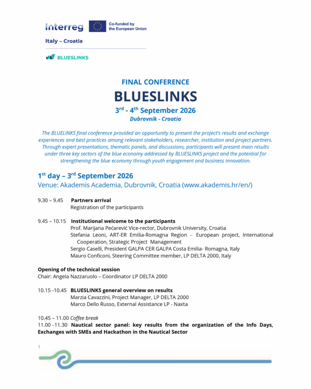 invito e programma BLUESLINKS IT-HR conferenza finale 3 e 4 settembre 2026 a Dubrovnik in Croazia