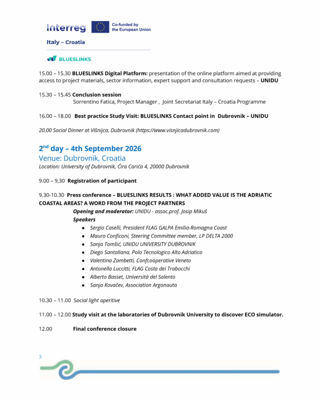 invito e programma BLUESLINKS IT-HR conferenza finale 3 e 4 settembre 2026 a Dubrovnik in Croazia