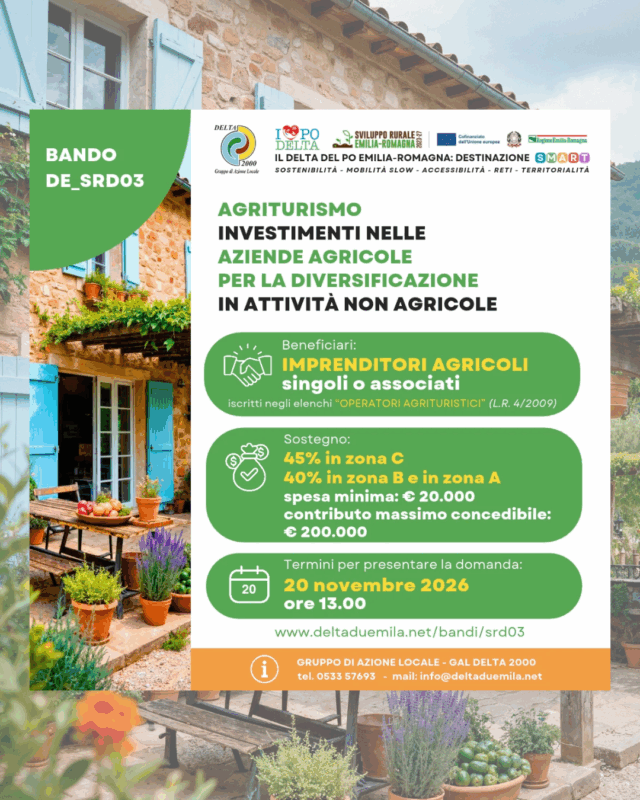 Bando DE_SRD03 - AGRITURISMO Investimenti nelle aziende agricole per la diversificazione in attività non agricole - rivolto a imprenditori agricoli, iscritti negli elenchi “operatori agrituristici”