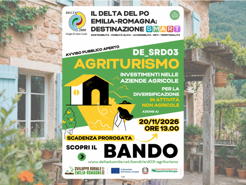 Prorogato al 20/11/2026 ore 13 il bando DE_SRD03 “Agriturismo – Investimenti nelle aziende agricole per la diversificazione in attività non agricole”